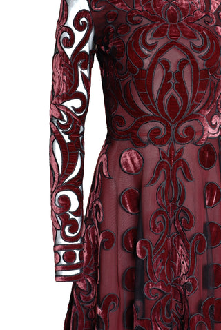 VELVET EMBROIDERED FULL SKIRT GOWN WITH LONG SLEEVES