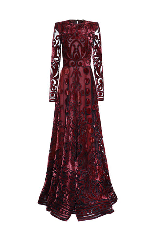VELVET EMBROIDERED FULL SKIRT GOWN WITH LONG SLEEVES