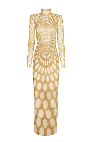 BEADED MOCK NECK GOWN WITH LONG SLEEVES