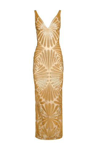 BEADED V-NECK GOWN WITH COWL BACK