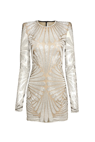 BEADED JEWEL NECK LONG SLEEVE DRESS