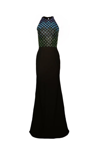 BEADED HALTER TOP WITH COLUMN GOWN