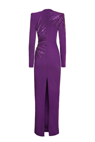 BEADED JEWEL NECK COLUMN GOWN WITH LONG SLEEVES