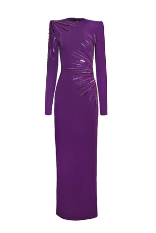 BEADED JEWEL NECK COLUMN GOWN WITH LONG SLEEVES