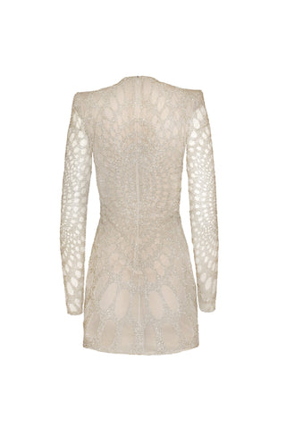 BEADED JEWEL NECK MINI DRESS WITH LONG SLEEVES