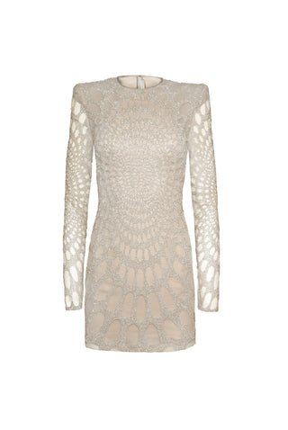 BEADED JEWEL NECK MINI DRESS WITH LONG SLEEVES