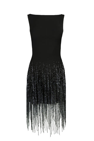 FRINGE BOAT NECK SLEEVLESS DRESS