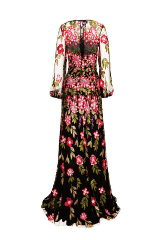 SEQUIN FLORAL BOATNECK GOWN WITH FULL SLEEVES