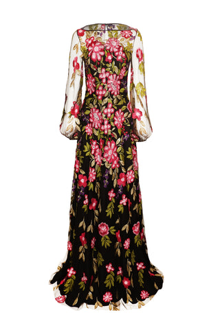 SEQUIN FLORAL BOATNECK GOWN WITH FULL SLEEVES