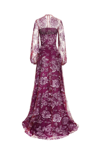 FLORAL JEWEL NECK GOWN WITH FULL SLEEVES