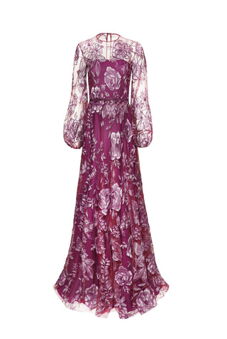 FLORAL JEWEL NECK GOWN WITH FULL SLEEVES