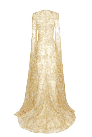 LACE V-NECK GOWN WITH CASCADING SLEEVES