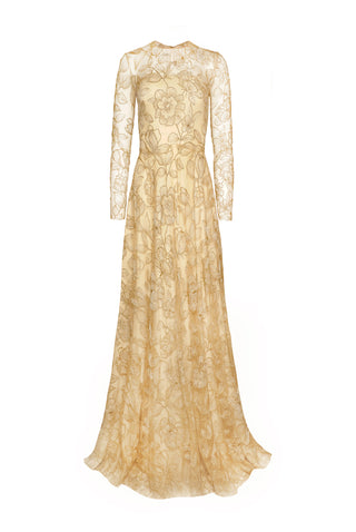 LACE JEWEL NECK FULL SKIRT GOWN