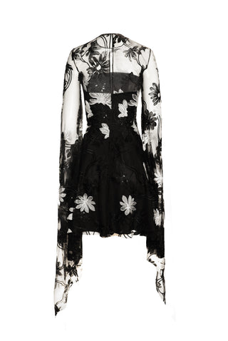 LACE JEWEL NECK DRESS WITH CASCADING SLEEVES