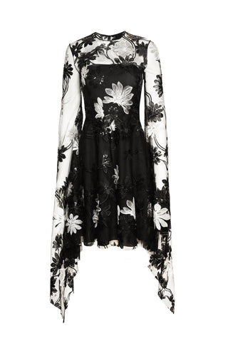 LACE JEWEL NECK DRESS WITH CASCADING SLEEVES