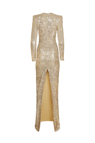 STRETCH SEQUIN RUCHED V-NECK GOWN WITH LONG SLEEVES