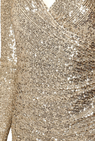 STRETCH SEQUIN RUCHED V-NECK GOWN WITH LONG SLEEVES