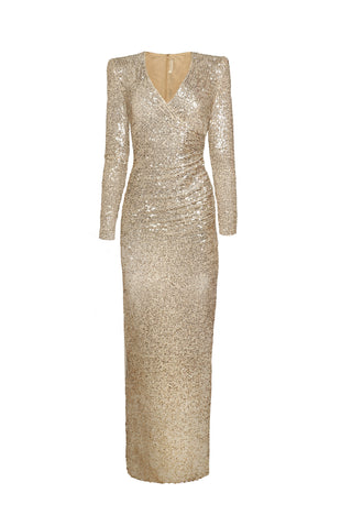 STRETCH SEQUIN RUCHED V-NECK GOWN WITH LONG SLEEVES