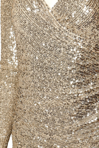 STRETCH SEQUIN RUCHED V-NECK DRESS WITH LONG SLEEVES