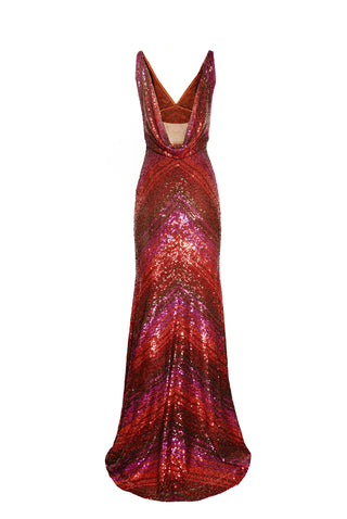 STRETCH SEQUIN EMPIRE WAIST V-NECK GOWN