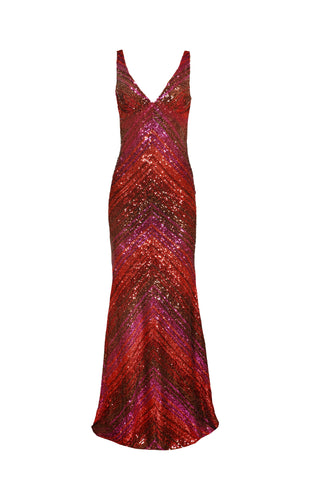 STRETCH SEQUIN EMPIRE WAIST V-NECK GOWN