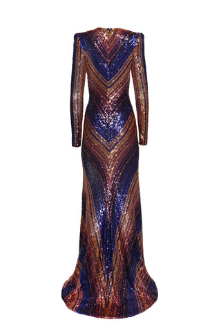 L/S V-NECK FIT AND FLARE GOWN BIAS WITH CF SEAM