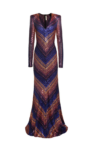 L/S V-NECK FIT AND FLARE GOWN BIAS WITH CF SEAM