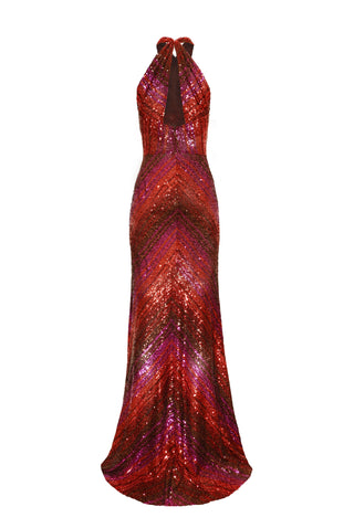 STRETCH SEQUIN MOCK NECK HALTER GOWN