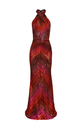 STRETCH SEQUIN MOCK NECK HALTER GOWN