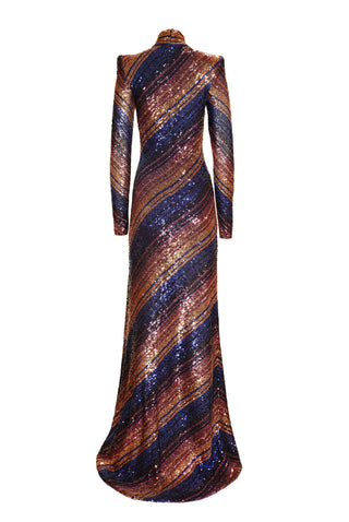 STRETCH SEQUIN LONG SLEEVE MOCK NECK GOWN