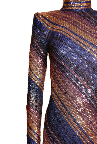 STRETCH SEQUIN LONG SLEEVE MOCK NECK GOWN