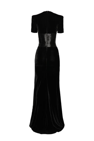 V-NECK PLEATED COLUMN GOWN WITH BEADED WAIST