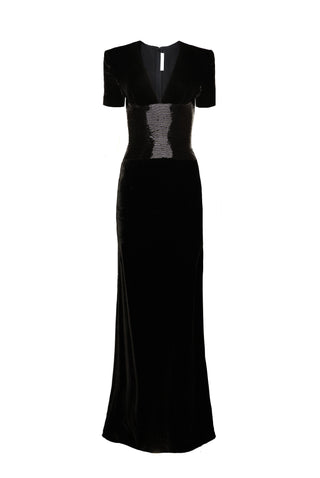 V-NECK PLEATED COLUMN GOWN WITH BEADED WAIST
