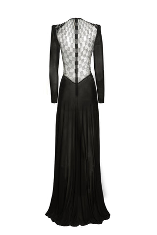 JERSEY V NECK GOWN WITH BACK EMBROIDERY DETAIL