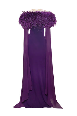 CREPE GOWN WITH FEATHER DETAIL
