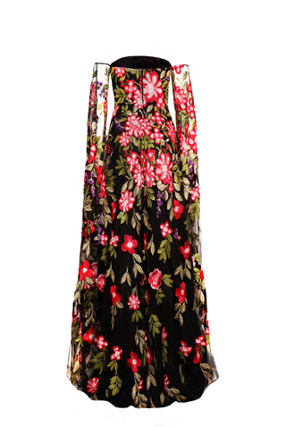 STRAPLESS GOWN WITH CASCADING SLEEVES