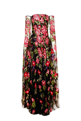 STRAPLESS GOWN WITH CASCADING SLEEVES