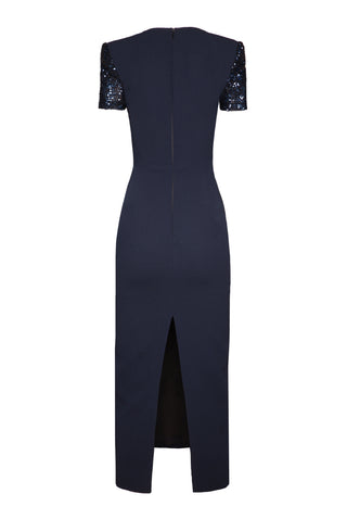 STRETCH SEQUIN AND CREPE SHORT SLEEVE TEA-LENGTH DRESS