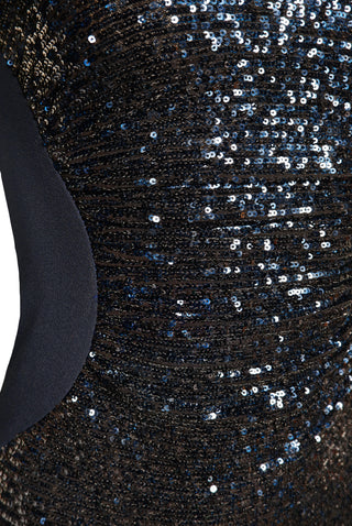 STRETCH SEQUIN AND CREPE SHORT SLEEVE TEA-LENGTH DRESS