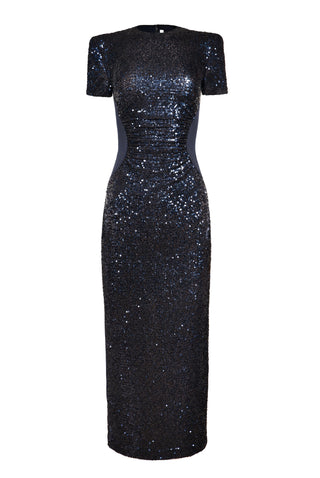 STRETCH SEQUIN AND CREPE SHORT SLEEVE TEA-LENGTH DRESS