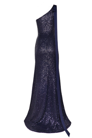 STRETCH SEQUIN ONE SHOULDER GOWN WITH RIBBON DETAIL