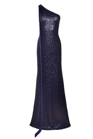 STRETCH SEQUIN ONE SHOULDER GOWN WITH RIBBON DETAIL