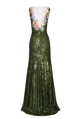 V-NECK STRETCH SEQUIN FIT-AND-FLARE GOWN