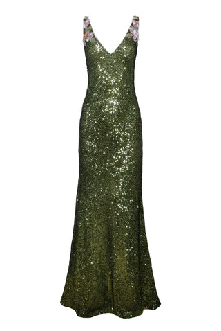 V-NECK STRETCH SEQUIN FIT-AND-FLARE GOWN