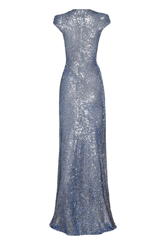 STRETCH SEQUIN CAP SLEEVE DRAPED GOWN