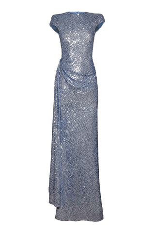 STRETCH SEQUIN CAP SLEEVE DRAPED GOWN