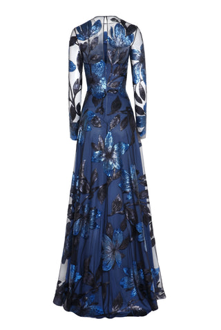 Floral Applique Long Sleeve Crew Neck Gown