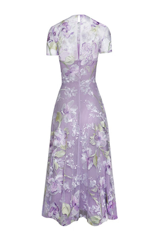 Floral Short Sleeve Illusion Neckline Cocktail Dress
