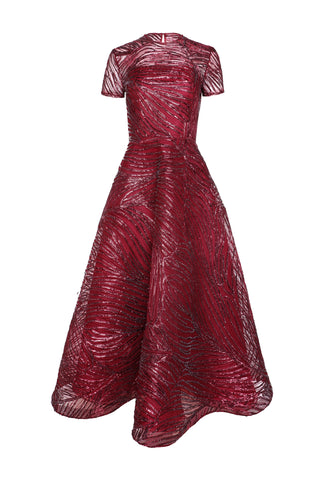 Raffia Short Sleeve Illusion Neckline Cocktail Dress