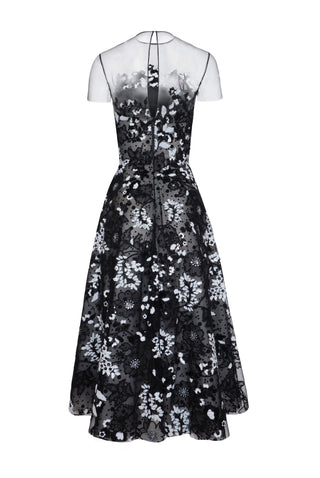 Floral Short Sleeve Illusion Neckline Cocktail Dress